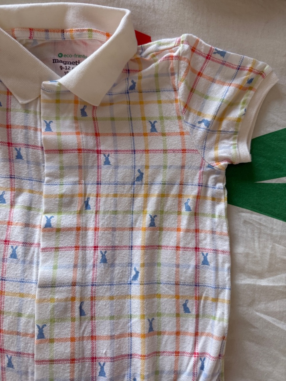 Magnetic Me White Polo Romper with Pastel Plaid Easter Motif NWOT - Picture 3 of 6